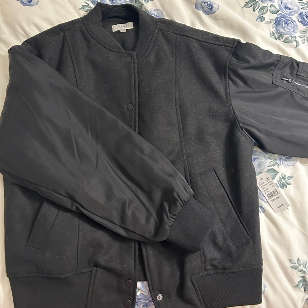 Black wool bomber varsity jacket